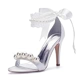 YiLuFanHua Damen Hochzeitsschuhe Stilettos Offene Spitze Sommersandalen Sexy Satin Nachgemachte Perle Schnürpumps Für Hochzeitsfeier Oder Abend,Weiß,38 EU
