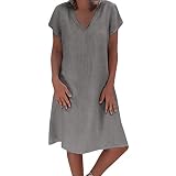 QAZX Blusenkleid Damen Sommer Kurzarm Leinen Baumwolle Freizeitkleid Sommerkleid Damen Knielang Elegant V-Ausschnitt Lose Hemdkleid Retro Kleider Damen 60er Jahre Strandkleid Rockabilly