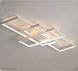 LED Deckenleuchte Dimmbar mit Fernbedienung Wohnzimmerlampe, Modern Eckig 3-Ring Design Acryl Kronleuchter Metall Deckenstrahler für Schlafzimmer Esszimmer Küche Bad Decken Lampe L90*W50*H9cm (Weiß)