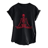 Tshirt Damen Trendige Oberteile Neuheit Skelett bedrucktes T Shirt im gotischen Stil unregelmäßigem Saum Bluse Sommer Rundhals Kurzarm Basic Shirt Lose All Match Tops Streetwear Geschenk für F