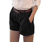 WOZOW Damen Kurze Hose Shorts Solid Falten Gefaltet Lose Loose A Line Cool Short Casual Military Stoffhose Trousers Pocket Bloomers Mini Hosen (M,Schwarz)