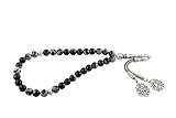 Gök-Türk Gebetskette - Tesbih Tasbih mit 33 Perlen aus Naturstein Achat Akik Schwarz (Zülfikar Schwert Hz. Ali, 3 Hilal, Tugra, Wolf Bozkurt, Ertugrul, Türk, Ay Yildiz) (Ornament)