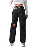 DIDK Damen Jeans Denim Hosen Locker Jeanshosen Hoher Bund Gerissen Lange Hose Freizeithose mit Lochdesign Schwarz M