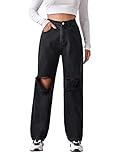 DIDK Damen Jeans Denim Hosen Locker Jeanshosen Hoher Bund Gerissen Lange Hose Freizeithose mit Lochdesign Schwarz S