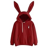 Lazzboy Langärmliges Kaninchen Hoodie Sweatshirt Für Damen Pullover Tops Bluse Ohr Kapuzenpullover(Wein,S)