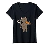 Damen Katze spielt die Violine T-Shirt mit V