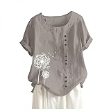 Xniral Damen Kurzarm T-Shirt Baumwolle und Leinen Rundhals Katze Gedruckt Sommer T-Shirt Bluse(e-Grau,5XL)