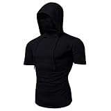 Xniral Mens Herren Pullover mit Gesichtsschal Einfarbig Ärmellos Kurzarm-Kapuzenpulli Tops zum Karneval (L, Schwarz-Kurzarm)