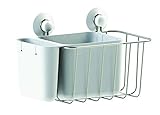 Duschkorb aus Edelstahl und ABS – 3 Ablagefächer / 2 Saugnäpfe im Lieferumfang enthalten – Metall / Weiß – 22 x 16 x 18