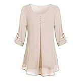 DOMBX Damen Bluse Elegant Basic Chiffon Langarm Tunika Leicht Rundhals Festliche Blusen mit Knöpfen Langarmshirts Oberteil Frauen Casual Große Größe Einfarbig Lose Pulli T-Shirt Tunika Top