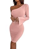 SOLY HUX Damen Kleid mit Einer Schulter frei Figurbetont Kleider Asymmetrisch Kurz Freizeitkleid Partykleid Vintage Elegant Bodycon Rosa XL
