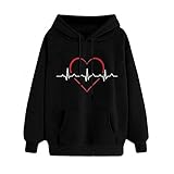 EMATOP Damen Kapuzenpullover Kawaii Hoodie Pullover Frauen Langarm Oberteile mit Kapuze Pulli Herbst Winter Casual Bluse Tops Liebesdruck Sweater Cute Einfarbig Langarmshirt mit Tasche Outw