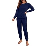 Womens Two-Piece Pajama Set Long Sleeve Solid Sleepwear Sets Nightwear Soft Pajamas Lounge Warm Soft Set Chandals Mujer (Blue, L)
