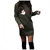 KIMODO Weihnachtskleid Minikleid Damen Sweatshirt Pullover Kleid Xmas Langarm Casual Kapuzenpullover Partykleid Tunikakleider Weihnachtsdruck Rundhals Freizeitkleider Cocktailkleider (D-Armeegrün, L)