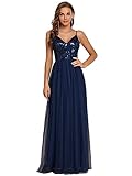 Ever-Pretty Langes Damen-Partykleid, A-Linie, V-Ausschnitt, Tüll, ärmellos, mit Pailletten EE50090, marineblau, 42