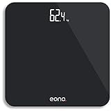 Amazon Brand - Eono Digitale Personenwaage mit hochpräzisen Sensoren und gehärtetem Glas, besonders schlankes Design, Gewichtsanzeige (kg/lbs/Stone) – 15 Jahre Garantie, Schw
