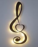 Wand Deko Note + Herz (Holz) Notenschlüssel Dekoration Wandbild Wohnzimmer Geschenk Idee Wandbeleuchtung mit Led Licht, Schwarz lackiert (60 cm Standard (mit LED))
