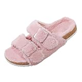 Harvest Land Damen Flauschige Sandalen Weiche Wärme Pantoffeln Kunstpelz Open Toe Latschen mit verstellbaren Schnallen Fur Slides rutschfeste Indoor Outdoor Slipper modischen, Pink 41