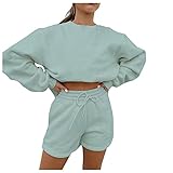 Eauptffy Outfits Damen Set Elegant Sportanzug Traingsanzug Jogginganzug Sportbekleidung Slim Fit Jogginghose mit Warm Gefüttert Loose Fit 2-teiliges Set Elastischer Bund Fitnessanzug für Jogging Gy