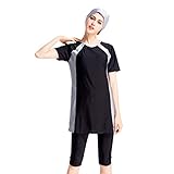 Lazzboy Frauen Muslimischen Badeanzug Mit Kappe Volltonfarbe Beachwear Bademode Bescheiden Surfing Suit Muslim Hindu Jüdisch Shorts Sonnenschutzmittel(Schwarz,M)