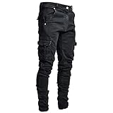 Qinvern Herren Slim Jeans Klassisch Bequem Vielseitig Lässig Multi-Pocket Tooling Persönlichkeit Reißverschluss Öffnen und Schließen Denim-Hose M