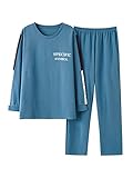 YUTCRTIP Herren Baumwolle Schlafanzug Zweiteiliger Set Nachtwäsche Langarm T-Shirt und Loungehose mit Taschen Weich Gekämmter Hausanzug Bequeme Loungewear (Color : Blue, Size : XXL)