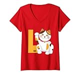 Damen Funny Laugh LMAO Manekineko Chinesische Glücksbringer Katze Puns Wortspiel T-Shirt mit V