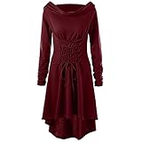 Damenumhang mit Kapuze, Renaissance-Kostüme – lässiger Robe, Schnürung, Vintage-Pullover, Sweatshirts mit hohem Tief, langer Kapuzenpullover, Kleid (Weinrot, Größe L)