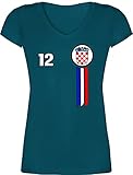 Fussball WM 2022 Fanartikel - 12. Mann Kroatien Emblem - 3XL - Türkis - Kroatien - XO1525 - Damen T-Shirt mit V