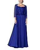 HUINI Abendkleider Lang Elegant Ballkleid Hochzeitskleid Damen Spitzen Brautmutterkleider mit Bolero Festkleider Langarm Königsblau 56