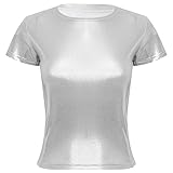 winying Damen Glänzend Metallic Crop Tops Spaghettiträger Rückenfrei Holographic Camisole Weste Vest Leibchen zum Binden Silber B S