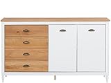 2-TRG. Sideboard Holzschrank Mehrzweckschrank 4 Schubladen Anrichte Moder Kiefer Massivholz weiß/geb