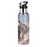 Hunihuni Dampfzug Vakuum Isolierte Sport Wasserflasche mit Strohhalm & Griff Edelstahlflasche Becher BPA-frei hält kalt heiß für Sport Wandern Fitnessstudio 590