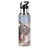 Hunihuni Dampfzug Vakuum Isolierte Sport Wasserflasche mit Strohhalm & Griff Edelstahlflasche Becher BPA-frei hält kalt heiß für Sport Wandern Fitnessstudio 590
