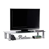 Relaxdays, weiß/Silber TV-Tisch Glas, verchromte Metallbeine, Bildschirmerhöhung, rechteckig, Glasaufsatz, 100x35x17 cm, S