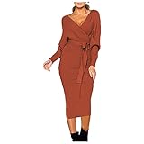 TRFPLOOC Damen Elegant Strickkleid Pulloverkleid Tunika Kleid V-Ausschnitt Langarm Minikleid Mit Gürtel (Wein, XXL)