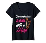 Damen Never Underestimate A Girl Harp Player Harpist Geschenk für Frauen T-Shirt mit V