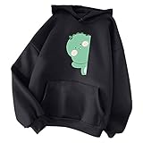 Damen-Kapuzenpullover mit süßem Dinosaurier-Druck, V-Ausschnitt, langärmelig, Sweatshirt, Übergröße, lose, einfarbige Farbe, Schwarz 08, 36