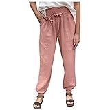 JIEYONG Damen Haremshose Regular Fit Mit Kordelzug Feste Baumwolle Leinen Hosen Tasche Lässige Lose Hosen Kleidung
