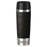 Emsa Isolierbecher MIT Gravur (z.B. Namen) 500ml TRAVEL Mug Grande Manschette Schwarz mit persönlicher Rundgravur, Travelmug Kaffee & Tee Thermo to-go-Becher 100%