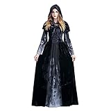 BIBOKAOKE Halloween Kostüm Damen Hexe Totenkopf Print Gothic Kleid Vintage Mittelalterlichen Cosplay Kleid Mittelalter Party Kostüm Kleidung Partykleider Maxikleid Mit S