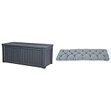 Keter Kissenbox Rockwood, Grau (Anthrazit), 570L & Ambientehome 3er Sitzkissen Bank Evje, grau, ca 150 x 50 x 8 cm, Polsterauflage, Bankauflag