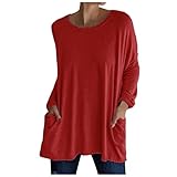 Damenmode, Rundhalsausschnitt, langärmelig, locker, einfarbig, lockeres T-Shirt mit Taschen, rot (2), M