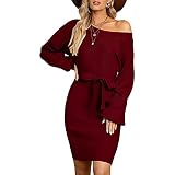 Fascino-M Damen Schulterfreies Strickkleider Elegante Herbst Winter Pulloverkleid Langarm Slim Strickkleid Hüftrock Bleistiftkleid Pencil Kleid Etuikleid Freizeitkleid mit Gü