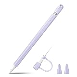 Fintie Silikon Hülle für Apple Pencil (1. Generation) - Ultra leichte Stifttasche, weiche schützende Griffhalterung mit 2 Spitzenabdeckung und 1 Cable Adapter Tether, Flieder L