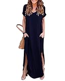 YOINS Sommerkleid Damen Lang Maxikleider für Damen Strandkleid Sexy Kleid Kurzarm Jerseykleider Strickkleider Rundhals mit Gürtel Dunkelblau S