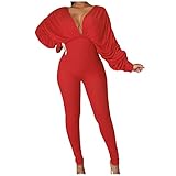 Eternali Tiefer V-Ausschnitt Jumpsuit Damen Elegant Fledermausärmel Rüsche Overall Lang Einfarbig Bodysuit Hose Sexy Katzenkostüm Clubwear Mode Rückenfrei Tights Strampler Trendy Streetwear Play