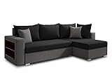 Ecksofa Lord mit praktischen Regal - Sofa mit Bettkasten und Schlaffunktion, Schlafsofa, Polsterecke, Couch L-Form, Couchgarnitur, Sofagarnitur (Grau + Schwarz (Alova 10 + 04), Ecksofa Rechts)