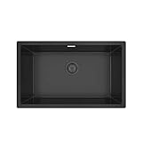 KORVO Schwarze Einbauspüle, 70 x 43 cm handgefertigt aus Edelstahl Einzelbecken, Küchenspüle gesprenkelt reversibel + Siphon Waschbeck