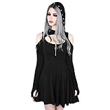 Sannysis Punk Kleid Mit Kapuze Damen Minikleid Gothic Schulterfrei T Shirt Hoodie Retro Vintage Steampunk Röcke Lolita Langarm Swing Cosplay Kostüm Fasching Karneval Party (XXL, Schwarz)